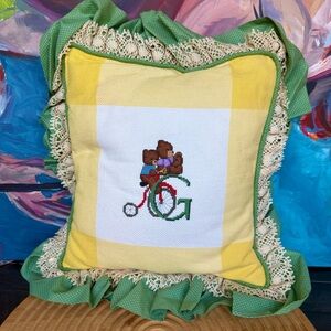 Vintage Handmade Cross Stitch Teddy Bear Pillow Cottagecore Lace Ruffle Nursery